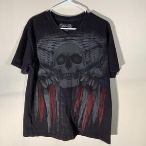 Y2K Helix Skull Grunge Flag Graphic Art Print Large Black Short Sleeve T-Shirt